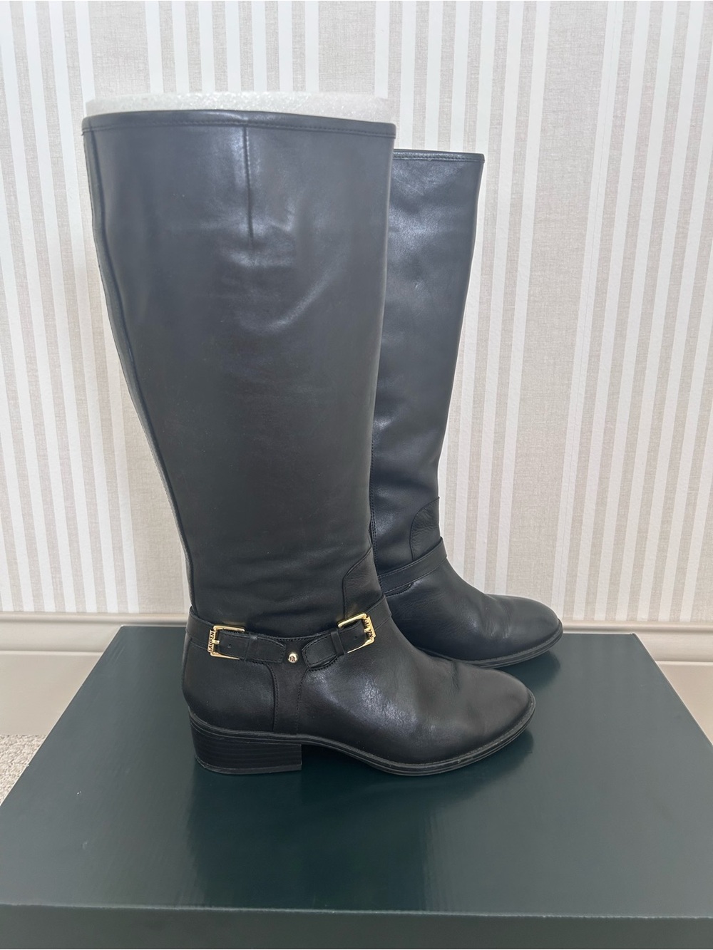 Lauren Ralph Lauren Black Marion Riding Boots with Gold Logo Double Buckle Sz 7